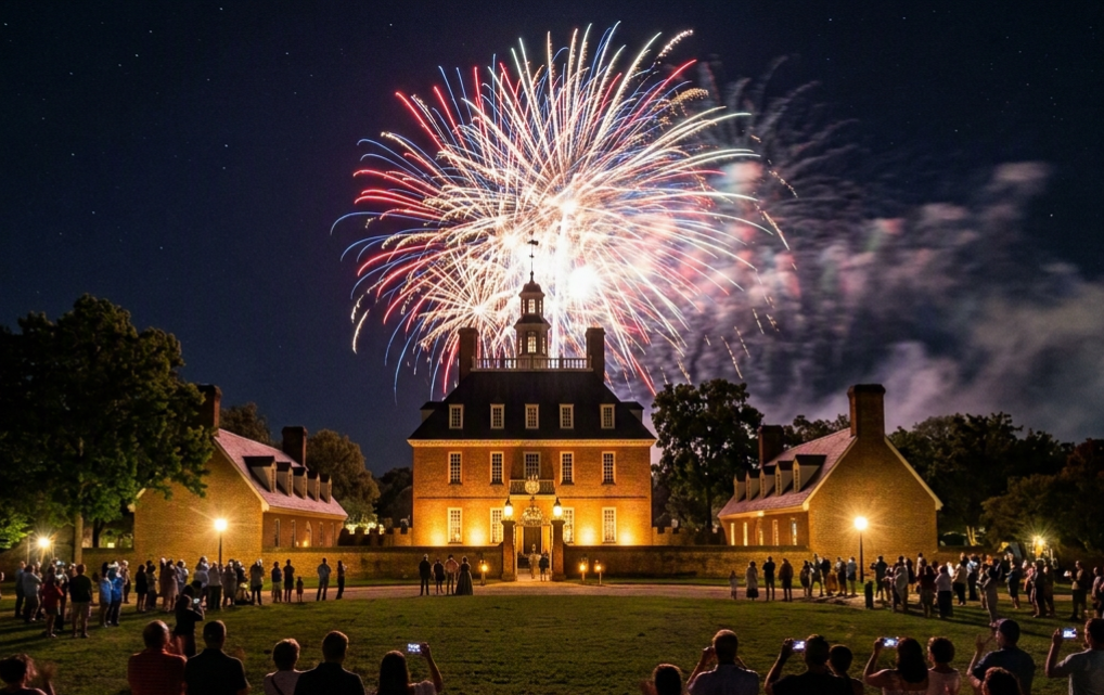 A large crowd watches colorful fireworks bursting in the night sky above a historic brick building with a clock tower, warmly lit and flanked by two smaller brick buildings.